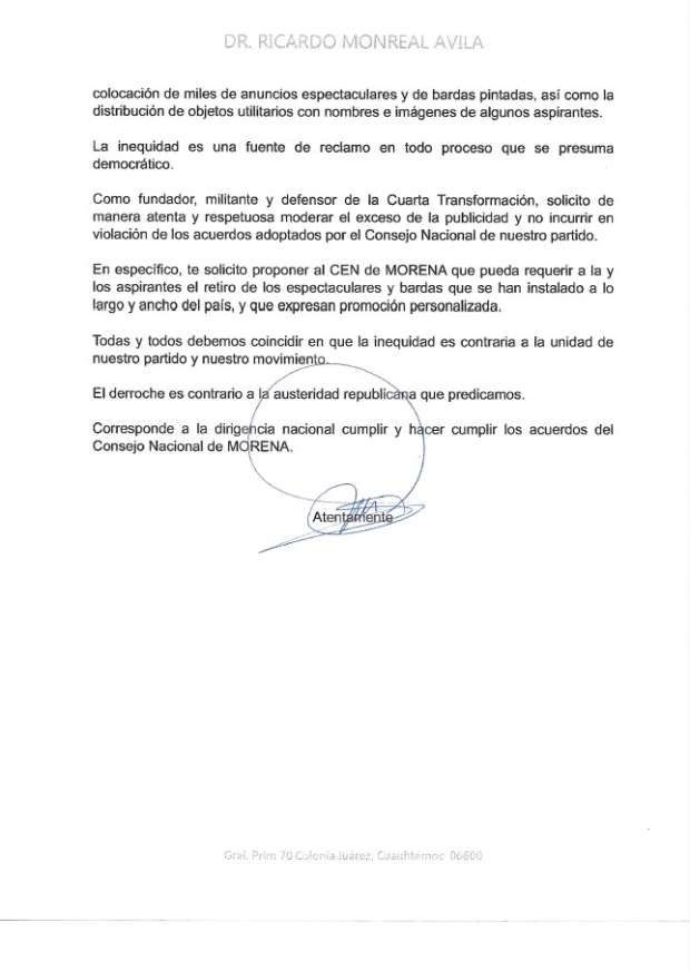 Carta que Ricardo Monreal remitió a Mario Delgado (dos).
