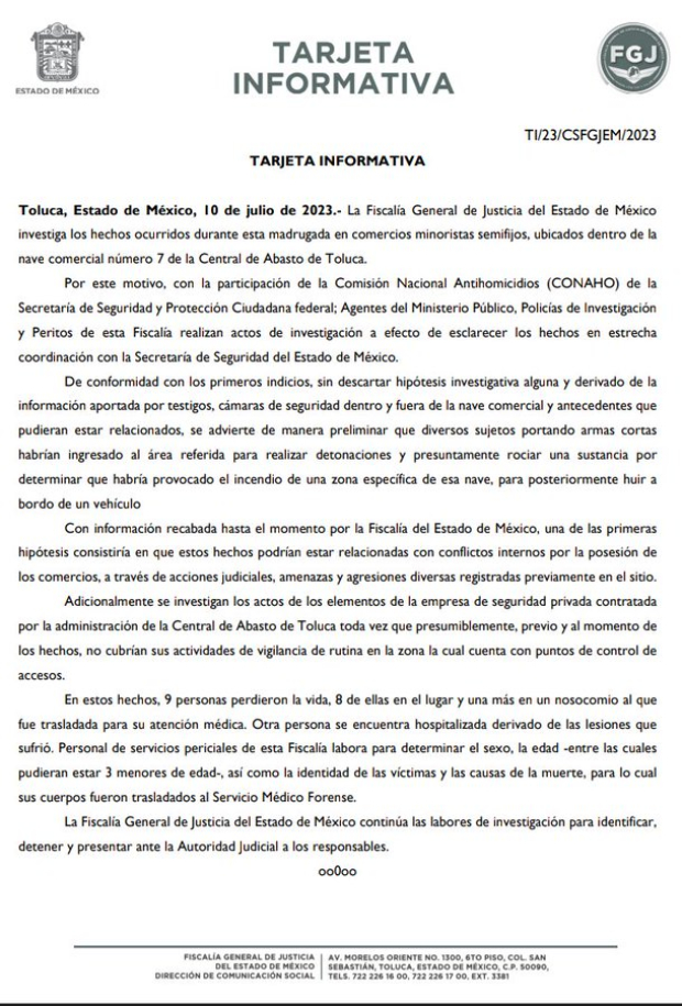 Comunicado emitido por la Fiscalía del Estado de México.