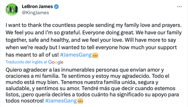 LeBron James agradece las buenas palabras a su familia.