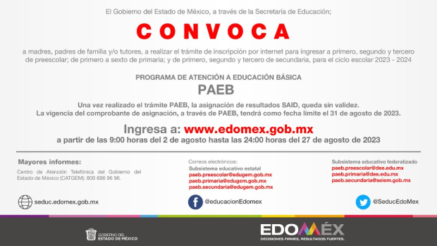 El PAEB mostró la convocatoria emitida por la Secretaría de Educación del Estado de México.
