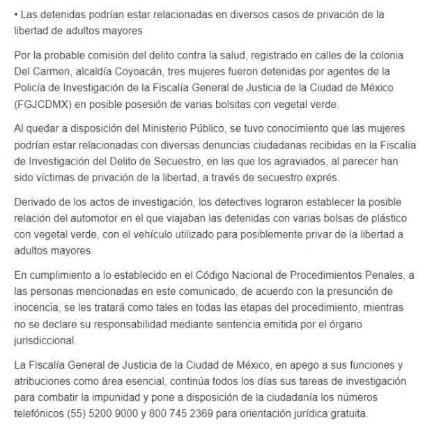 Comunicado de la Fiscalía de la Ciudad de México.