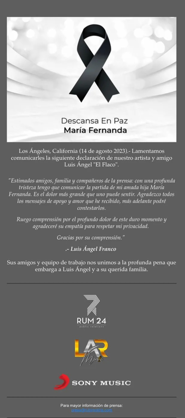 Comunicado de Luis Ángel "El Flaco" sobre la muerte de su hija María Fernanda