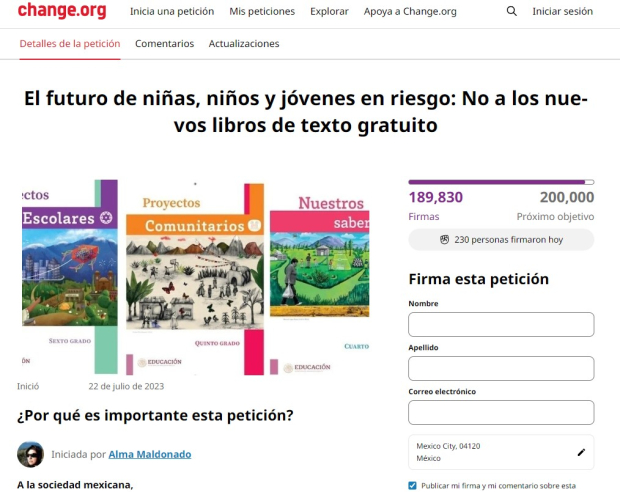 Petición en Change.org de Alma Maldonado que propone el freno a la distribución de nuevos libros de texto.
