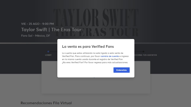 Venta de boletos solo es para Verified fan de Taylor Swift