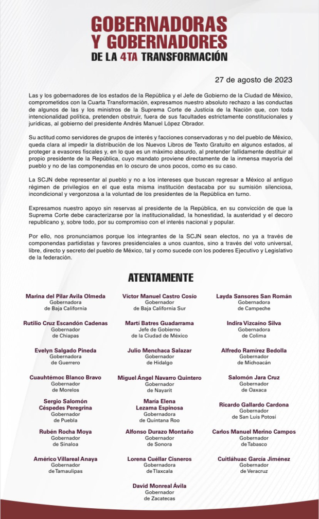 Respaldan Gobernadores de Morena al presidente Andrés Manuel López Obrador