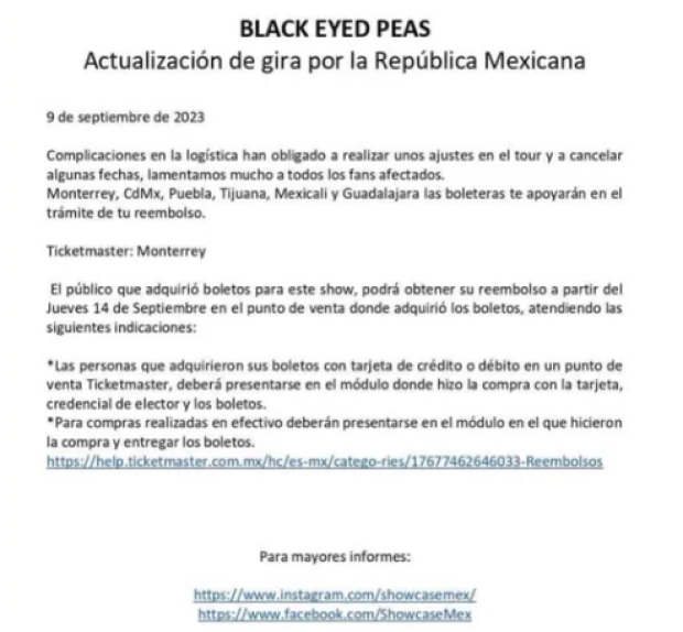 Black Eyed Peas ya no estará en Ciudad de México.