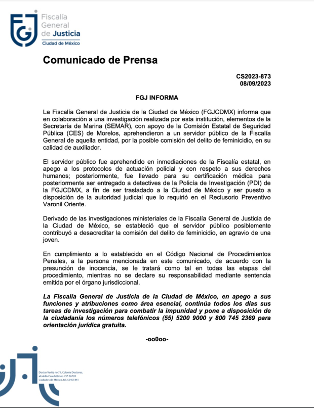 El comunicado de la Fiscalía capitalina tras la aprehensiónd e un servidor público de Morelos