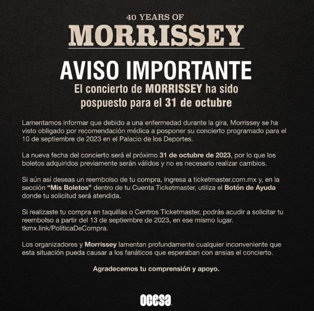 Morrissey cancela conciertos