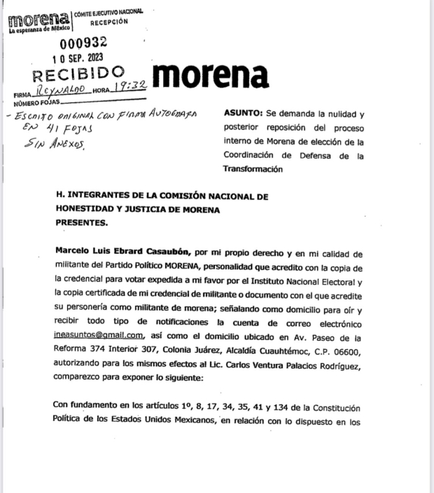 Marcelo Ebrard impugna proceso interno de Morena rumbo al 2024.