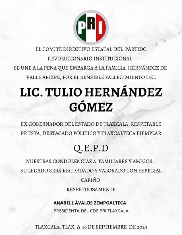 PRI Tlaxcala lamenta deceso de Tulio Hernández Gómez