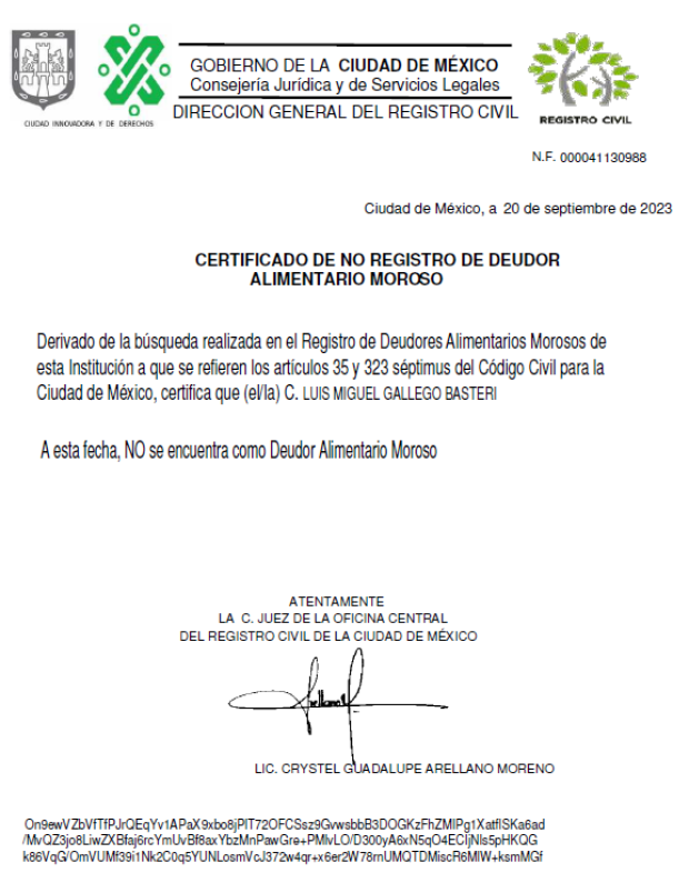 Documento oficial señala que Luis Miguel no es deudor alimentario moroso en la Ciudad de México.