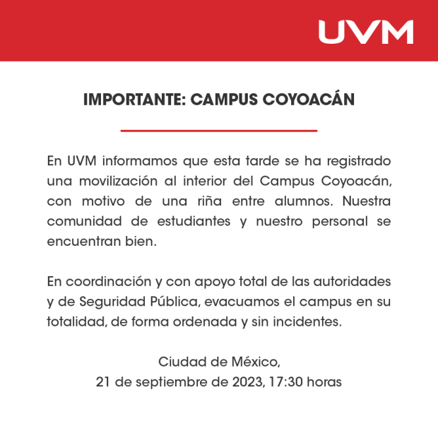 Riña entre estudiantes de UVM provoca desalojo del Campus Coyoacán.