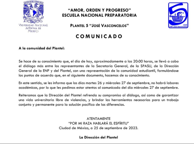 Comunicado de la Escuela Nacional Preparatoria 5 de la UNAM.