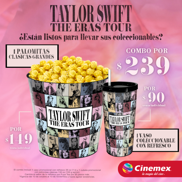 Palomera y vaso coleccionable de Taylor Swift en Cinemex