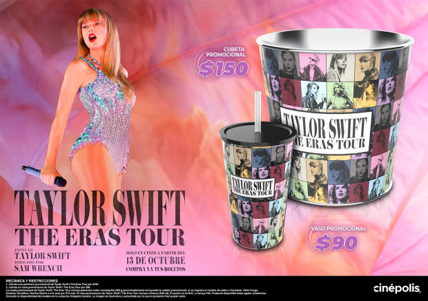 Precio de palomera y vaso de Taylor Swift en Cinépolis