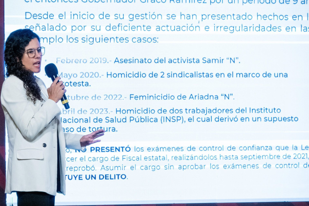 Luisa María Alcalde comenta sobre el caso de Uriel "N", ex fiscal de Morelos, durante su intervención en el informe quincenal en materia de seguridad durante la conferencia matutina desde Palacio Nacional.