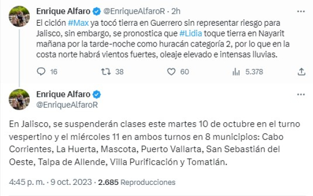 Enrique Alfaro, gobernador de Jalisco, informó que las clases se suspenderán este martes solo en el turno vespertino.