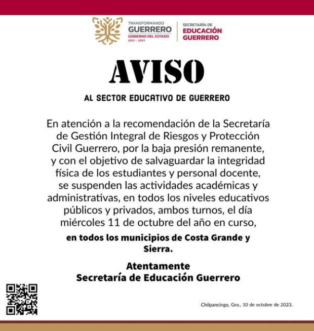 Las autoridades educativas de Guerrero han determinado suspender las clases para el día de mañana en todos los niveles educativos.