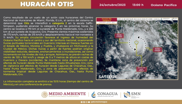 Huracán Otis se fortalece a ciclón de categoría 2 en la escala Saffir-Simpson.