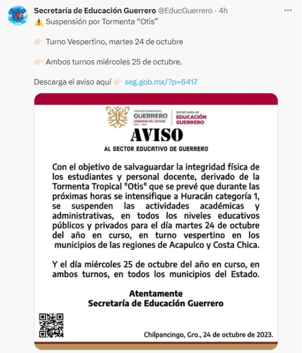 La Secretaría de educación de Guerrero informó que las clases se supenderán para el 25 de octubre en todos los municipios del estado.