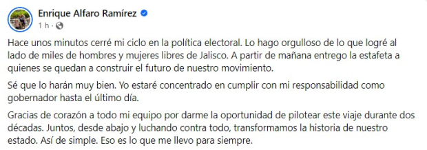 Enrique Alfaro afirma que mañana entregará la estafeta a quienes se quedan a construir el futuro de nuestro movimiento