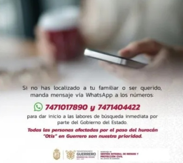 En caso de no encontrar a tu familiar en la lista de refugios, puedes comunicarte al número que habilitó el Gobierno de Guerrero.