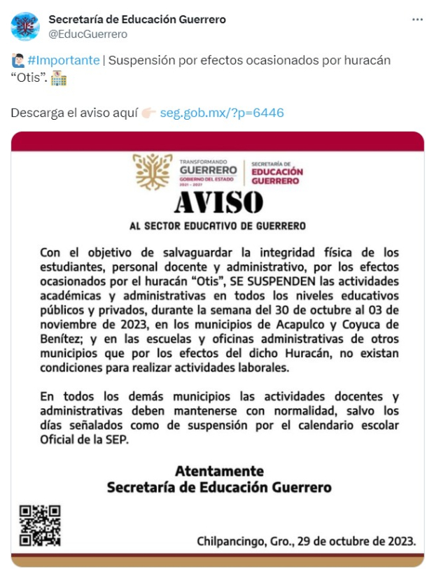 El gobierno de Guerrero informó que las clases en los municipios de Acapulco y Coyuca de Benítez están suspendidas.