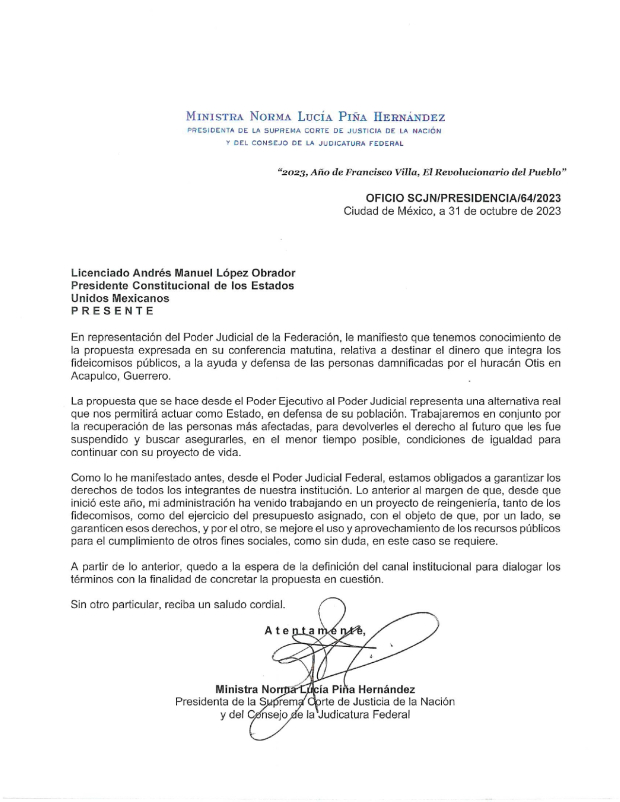 Norma Piña acepta propuesta de AMLO para destinar fideicomisos a Guerrero.