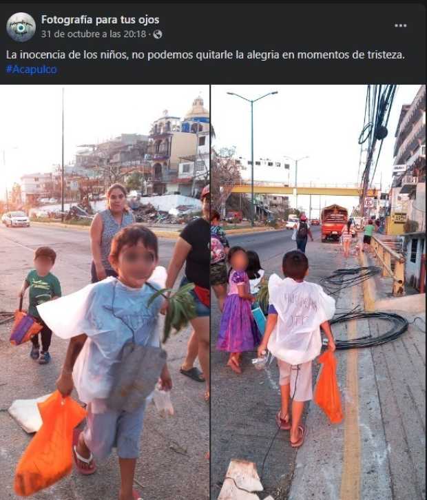 Niños y niñas salen a pedir calaverita en Acapulco a unos días del paso del huracán Otis.