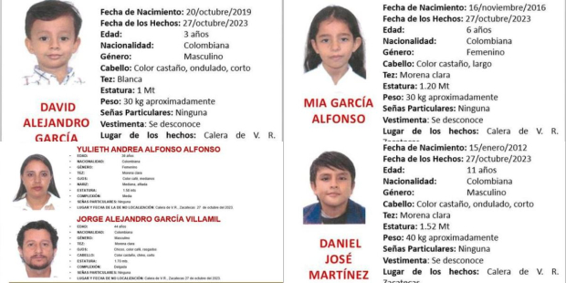 Cédulas de búsqueda de la familia colombiana que fue reportada como desaparecida en Zacatecas.