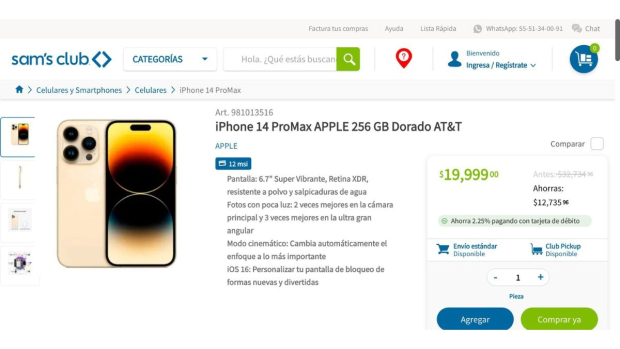 Sam´s Club bajo de precio el iPhone 14 Pro Max de 256 GB en más de 12 mil pesos.