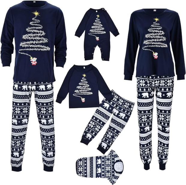 El conjunto de pijamas familiares inspirado en los días festivos, con patrón de Navidad impreso, manga larga, pantalones largos clásicos, diseño de cintura elástica para un uso fácil, trajes familiares a juego.