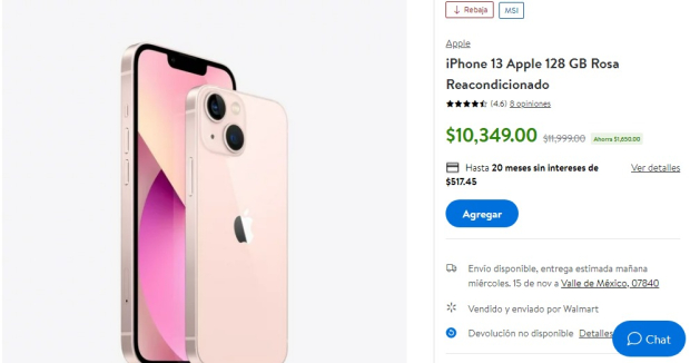 El iPhone 13 Apple de 128 GB color rosa bajó a 10 mil pesos debido al Fin Irresistible 2023 de Walmart.