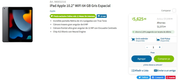 Sam's Club también bajo de precio el iPad Apple 10.2" WiFi de 64 GB por su Fin Irresistible 2023.
