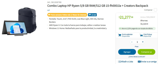 Laptop HP Ryzen con mochila está en oferta en Sam's Club.