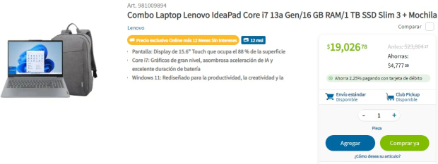 La laptop Lenovo IdeaPad Core i7 13a Gen tiene una memoria de 16 GB RAM y 1 TB de SSD y bajó de los 23 mil 800 pesos a los 19 mil pesos.