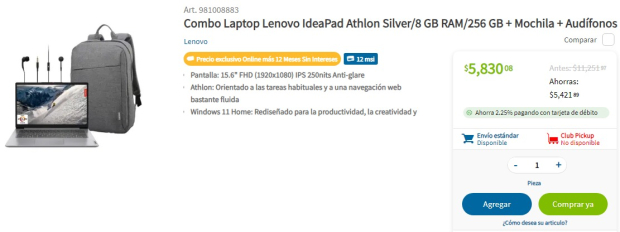 Otra laptop en oferta por el Fin Irresistible 2023, es la Laptop Lenovo IdeaPad Athlon Silver de 8 GB de memoria RAM  y 256 GB