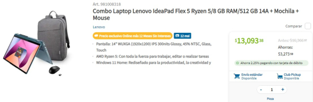 La laptop Lenovo IdeaPad Flex 5 Ryzen de 5/8 GB RAM/512 GB se remata en 13 mil pesos.