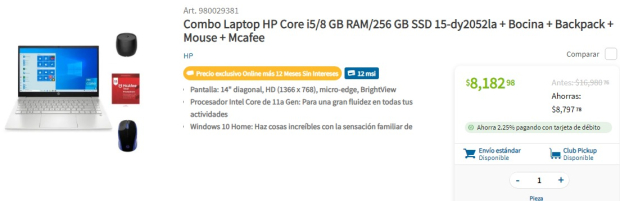 La Laptop HP Core i de 8 GB RAM y 256 GB SSD también esta en oferta en Sam's Club con un precio de 8 mil 182 pesos por el Fin Irresistible 2023.
