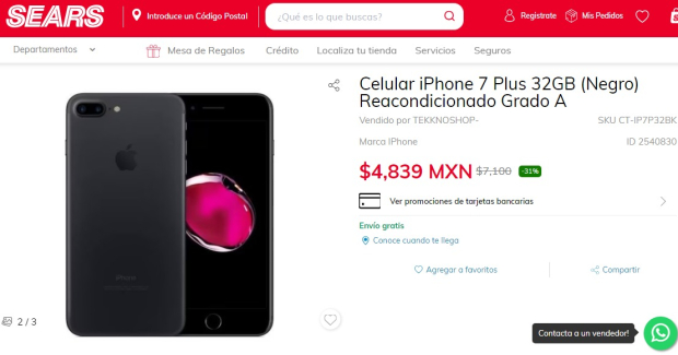El iPhone 7 Plus 32 GB color negro se vende en Sears en menos de 5 mil pesos debido a las ofertas del Buen Fin 2023.