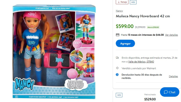 Walmart remata muñeca Nancy Hoverboard de 42 centímetros por el Fin Irresistible 2023.