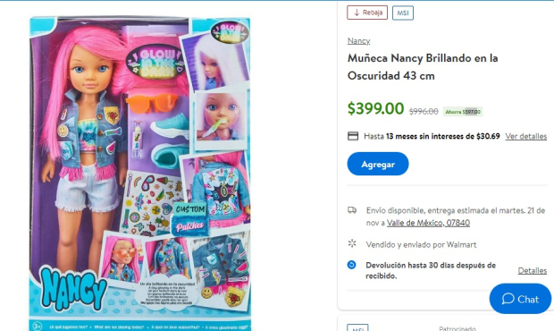 Walmart también puso en oferta la Nancy Brillando en la Oscuridad de 43 centímetros, con un precio de 399 pesos.