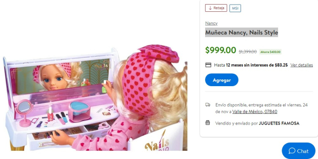 La muñeca Nancy Nails Style es otra de las que tiene rebaja por el Fin Irresistible 2023, con un precio de 999 pesos.