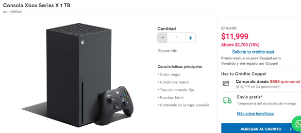 El Xbox Series X de 1 TB de memoria se encuentra a un precio de 11 mil 999 pesos, ,lo que permite un ahorro de casi 3 mil pesos.