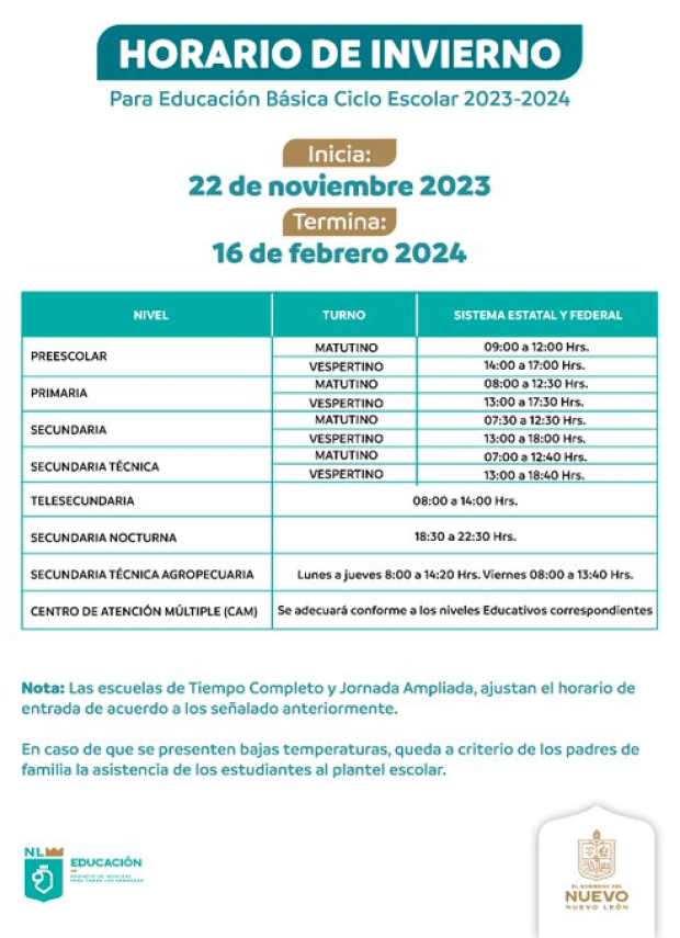 Nuevo León anuncia cambio en el horario de entrada a la escuela.