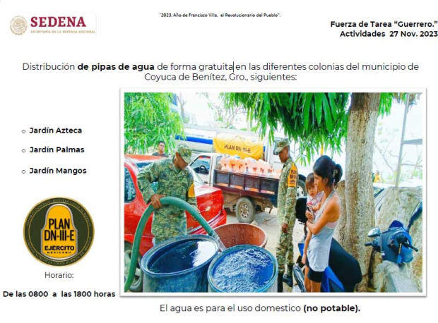 Distribución de pipas de agua de forma gratuita en Coyuca de Benítez