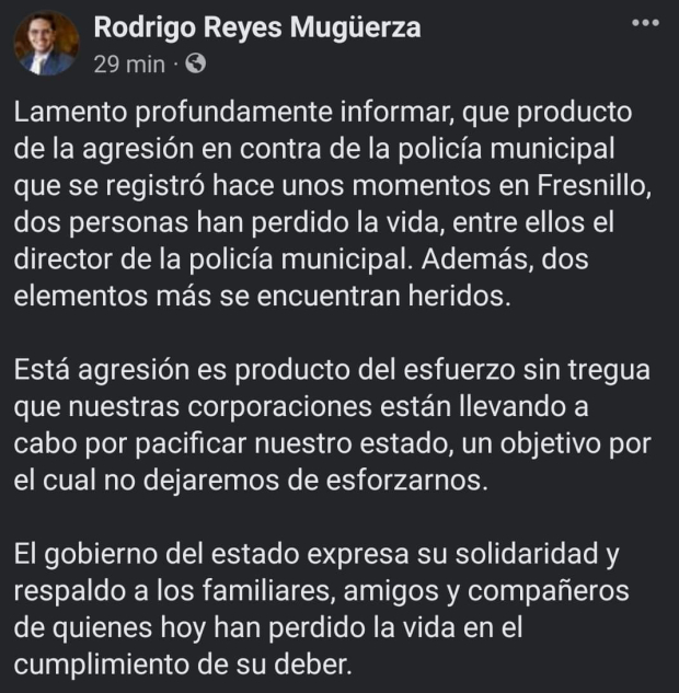 Asesinan al director de la policía de Fresnillo, Zacatecas.