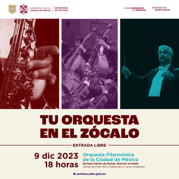 Concierto gratuito de la Orquesta Filarmónica de la Ciudad de México en el Zócalo capitalino.