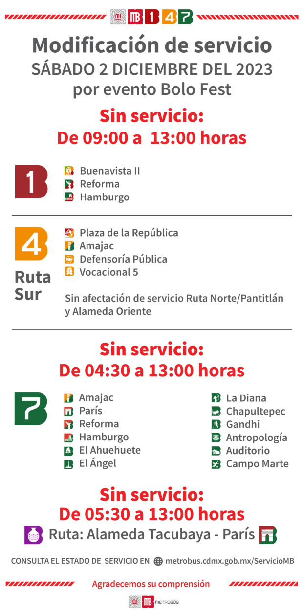 Estaciones del Metrobús que modificarán su servicio por el Bolo Fest.