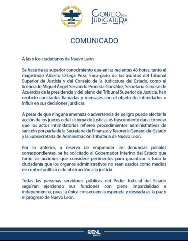 Poder Judicial de Nuevo León denuncia intimidaciones